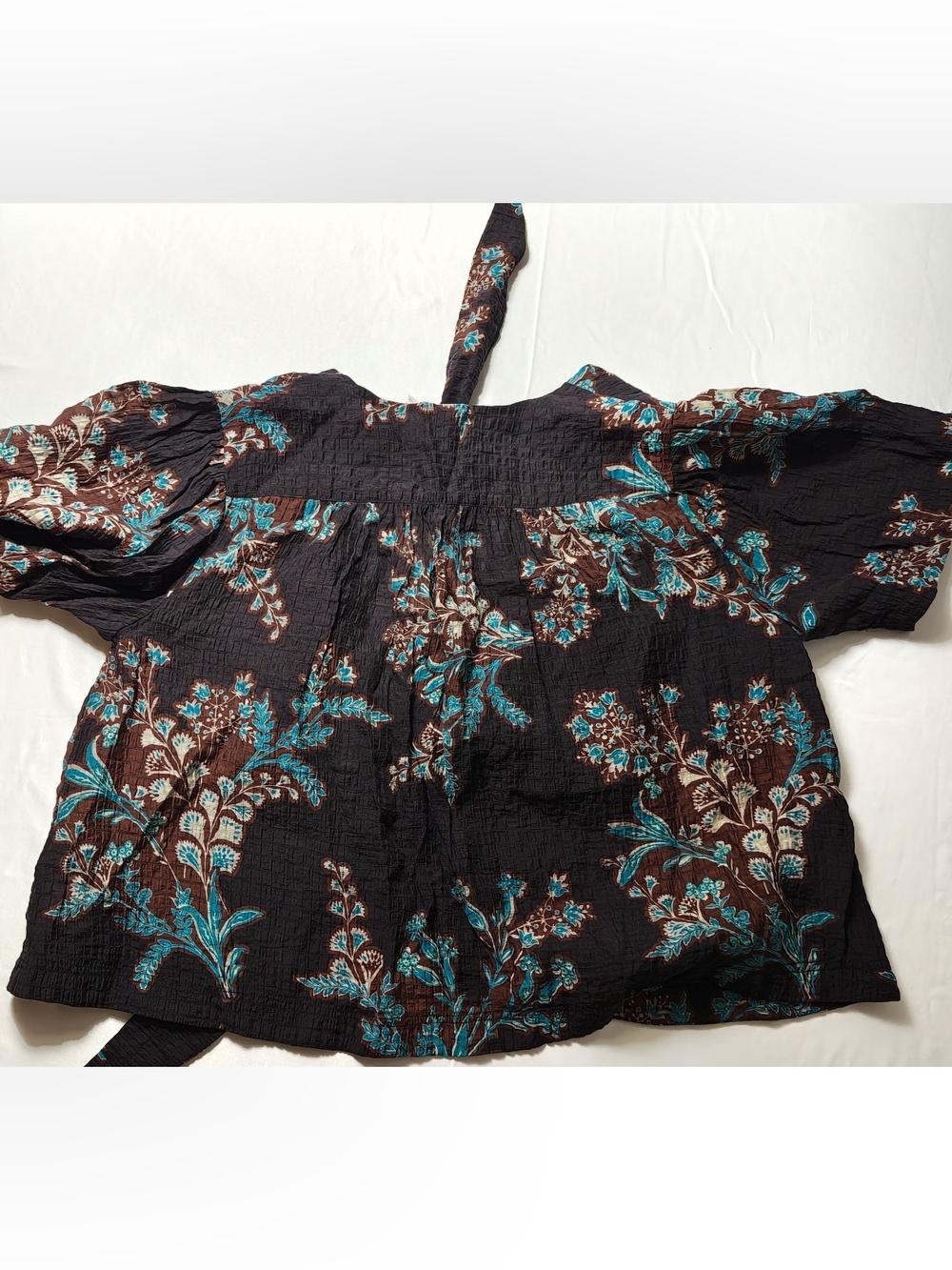 Free People Floral Crinkle Tie Front Blouse Small Brown Turquoise Boho Top - Picture 3 of 7